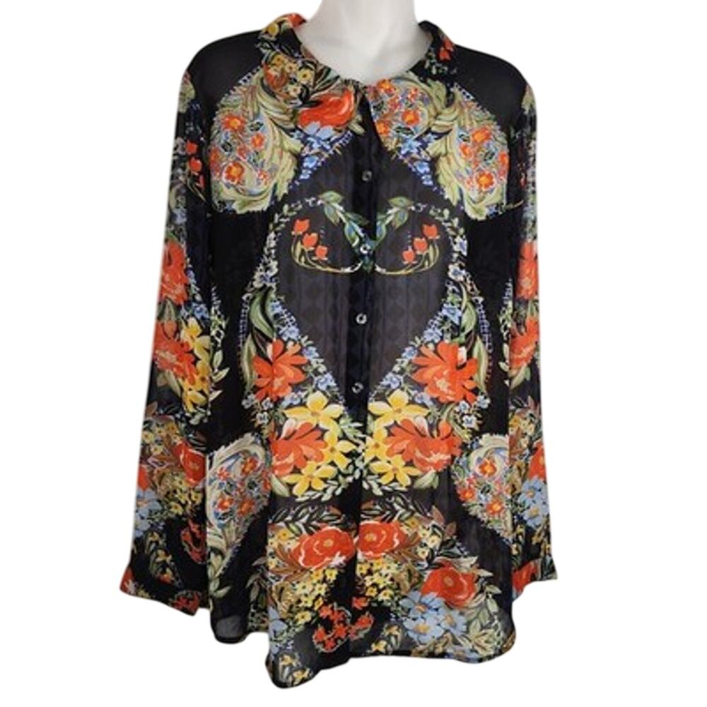 CAbi Womens Amour Blouse Black Colorful Floral Romantic Button Medium Sheer 3072